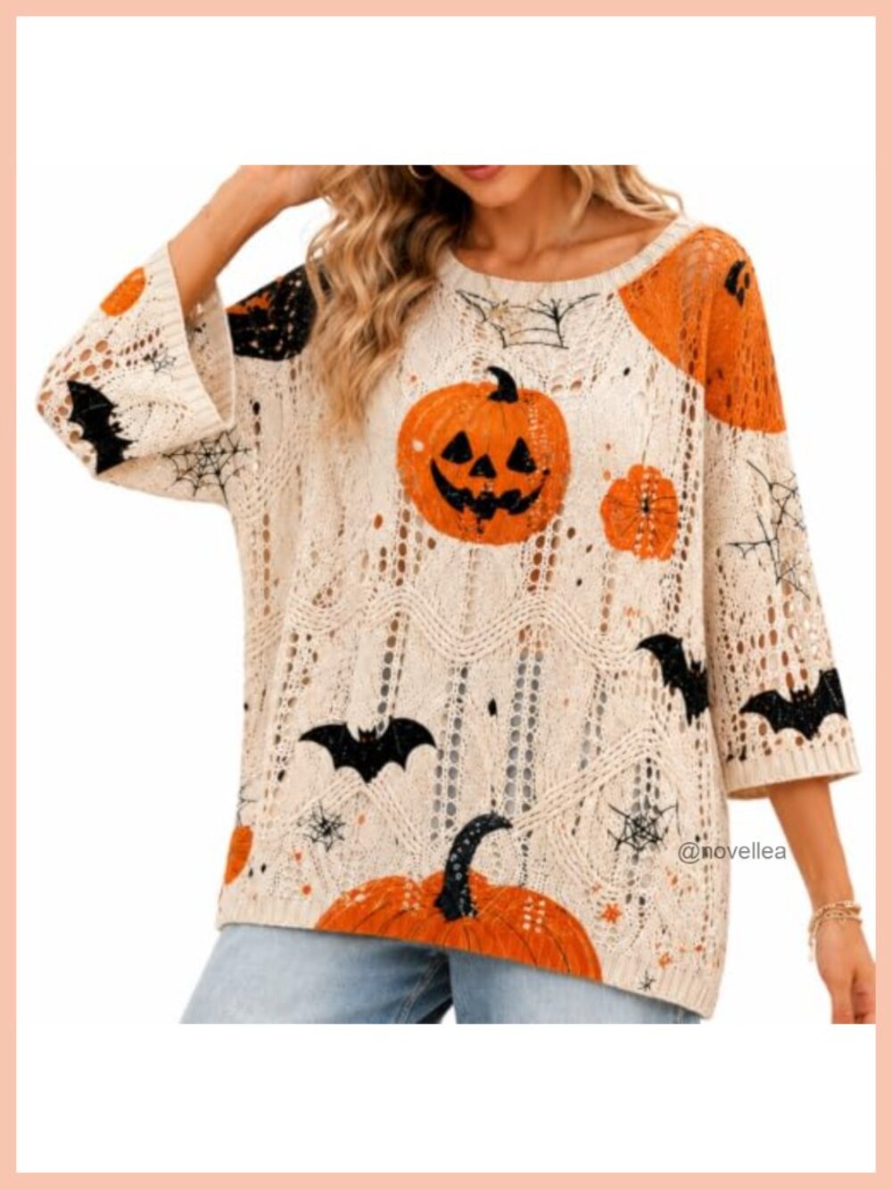 Halloween Pumpkin Print Long Sleeve Knit Top Oversized Pullover Cozy Fall
